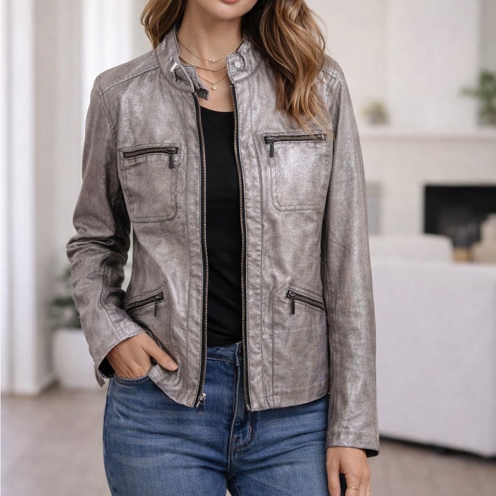 Chico’s Women's Metallic silver chrome Leather Jacket Size 1 medium